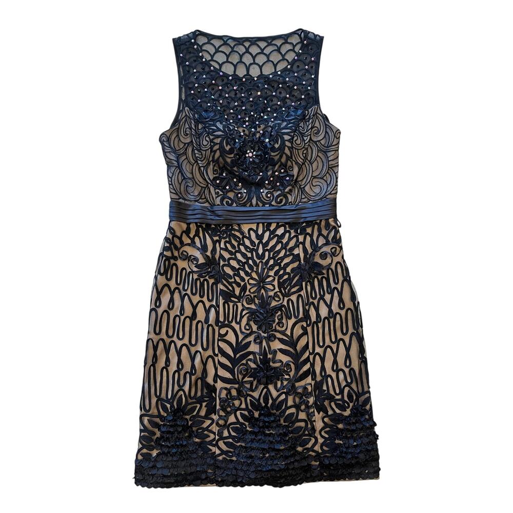 Sue Wong Black Nude Embroidered Mesh Cocktail Dress Floral Beaded Size 10